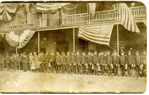 Firemen gathered at St. Elmo Hotel, Goshen, NY. Circa 1900 chs-004784